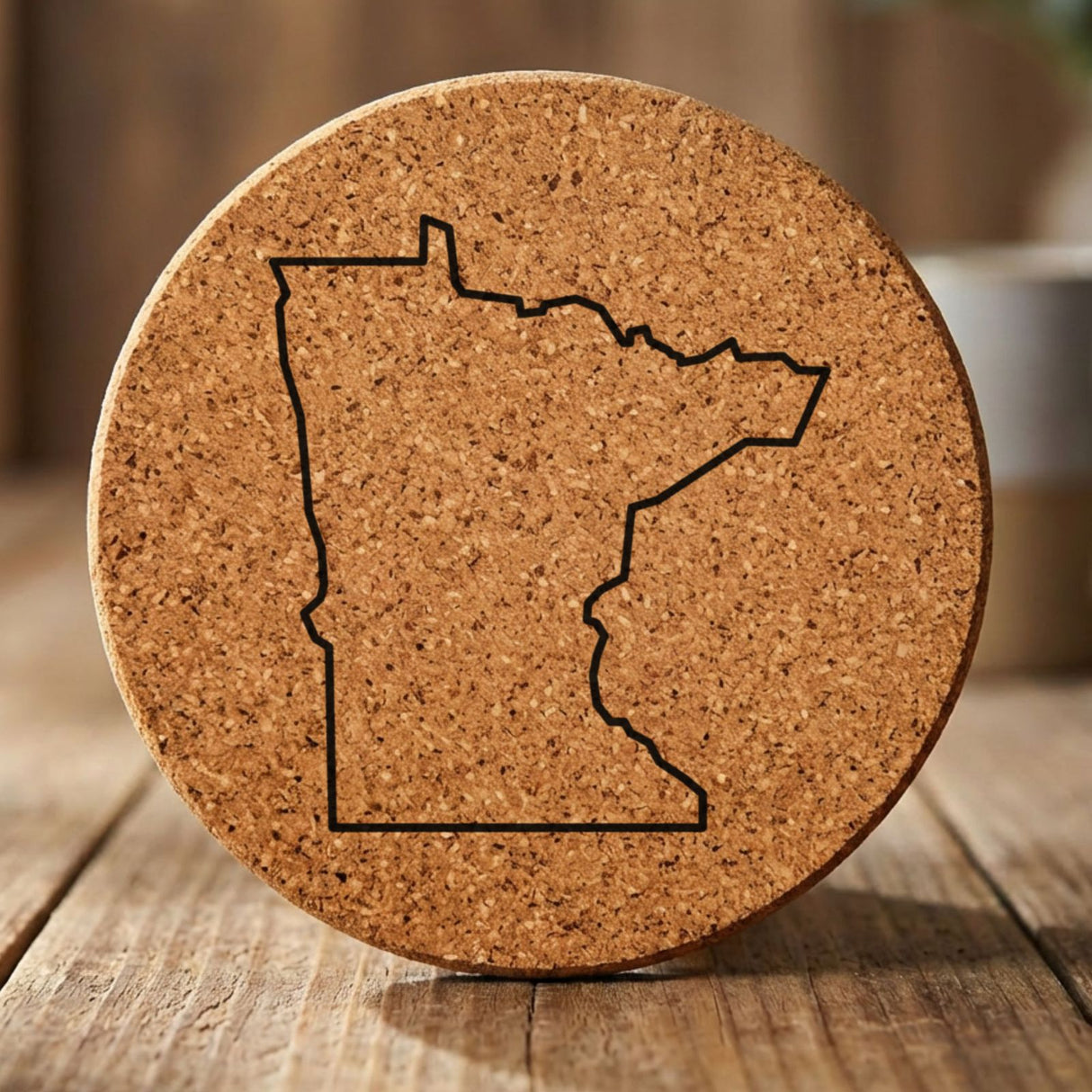 Minnesota round cork coaster engraved with a clean state outline