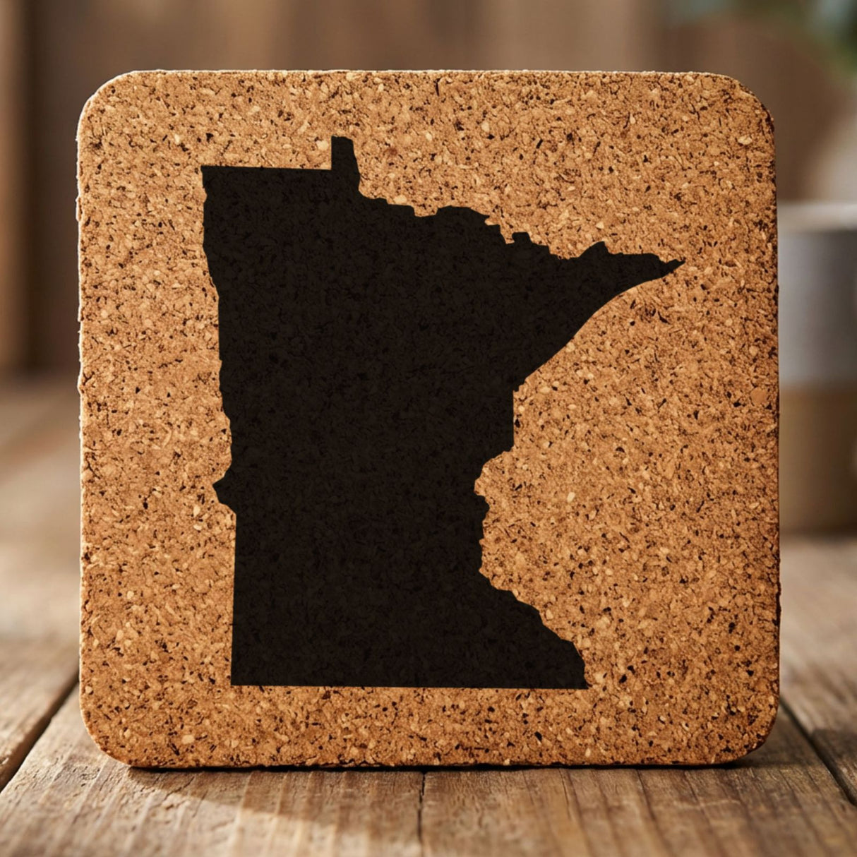 Minnesota square cork coaster with the full state shape engraved
