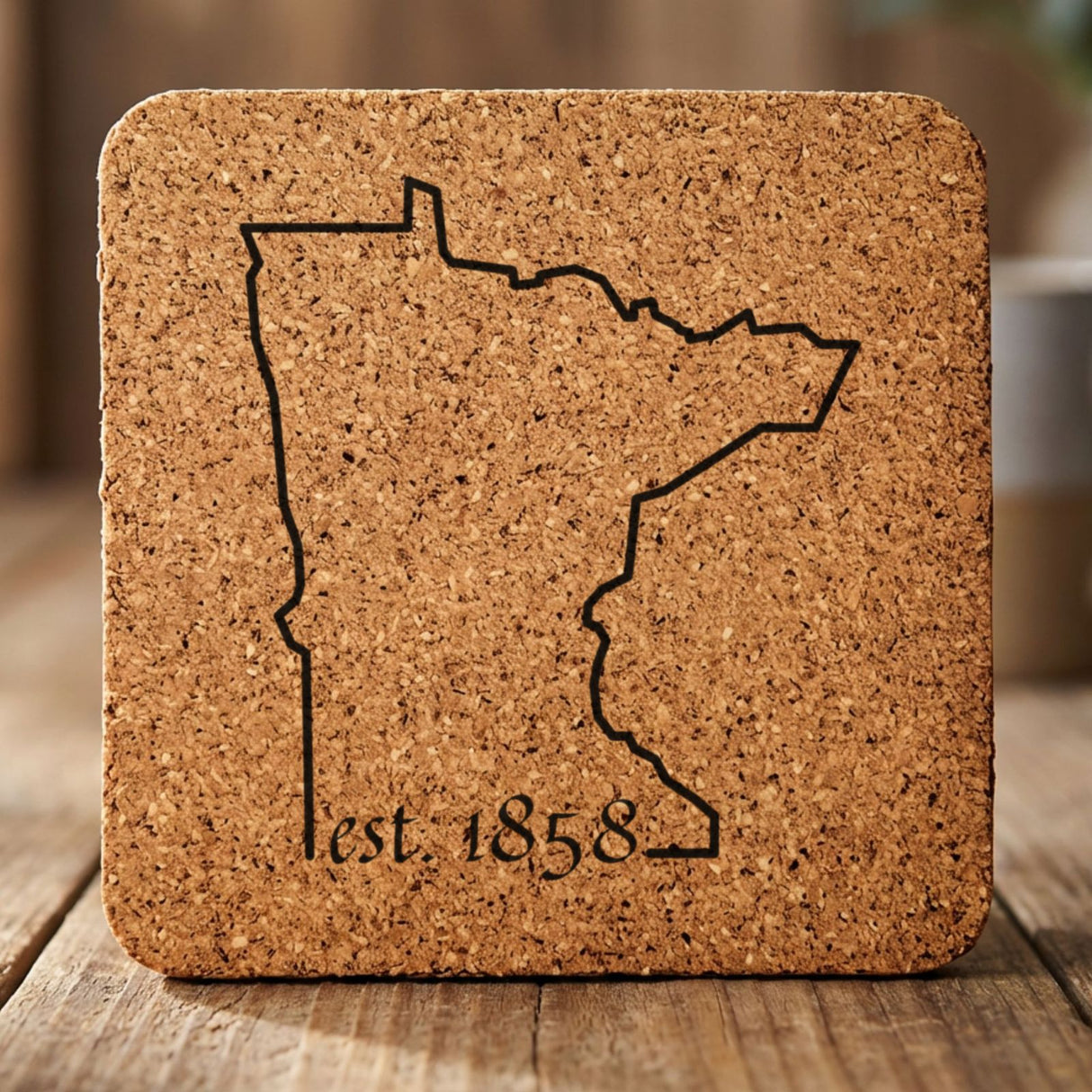 Minnesota square cork coaster engraved with the state outline and est. 1858