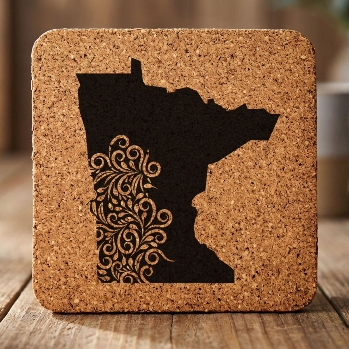 Minnesota square cork coaster engraved with the state shape in ornate floral scrollwork