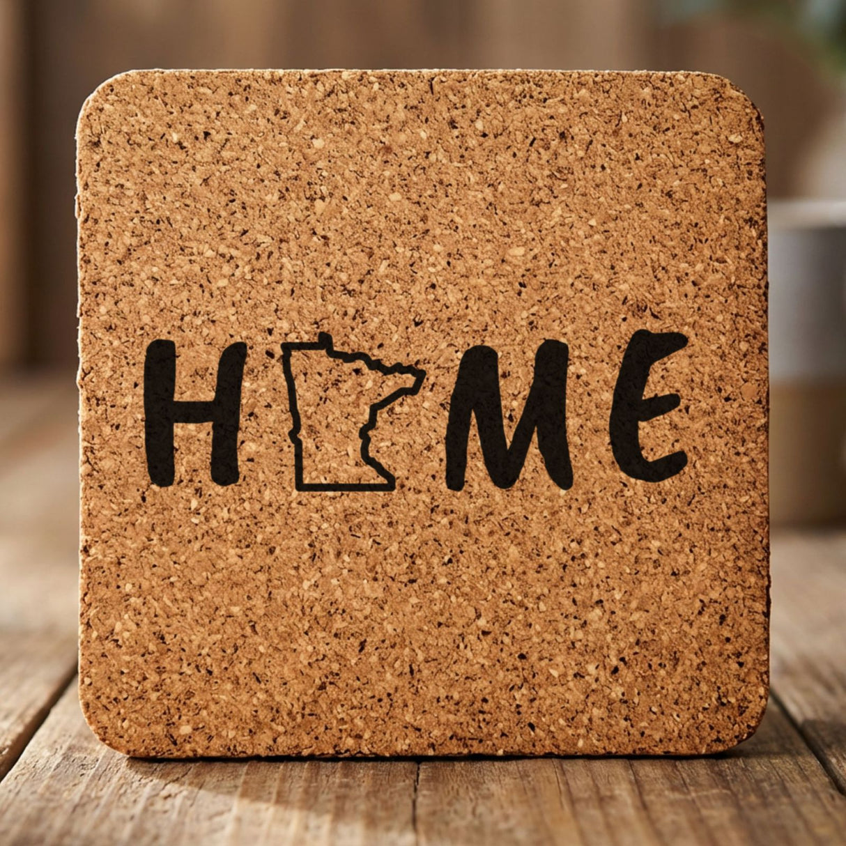Minnesota square cork coaster engraved with HOME using the state outline as the letter O