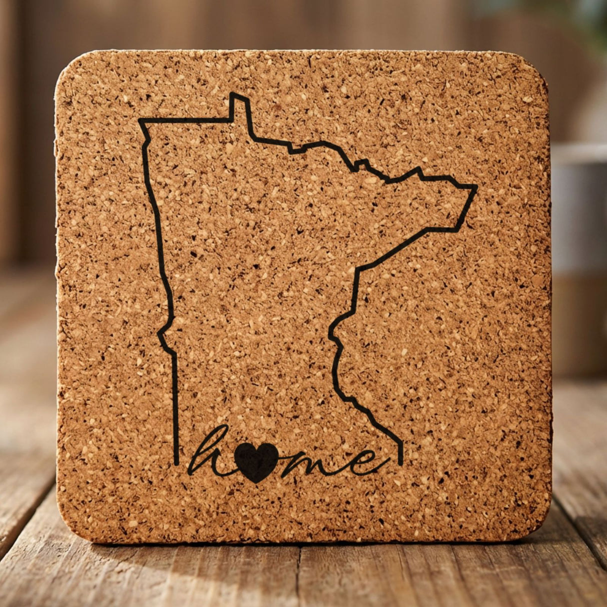 Minnesota square cork coaster engraved with the state outline and home in script with a heart