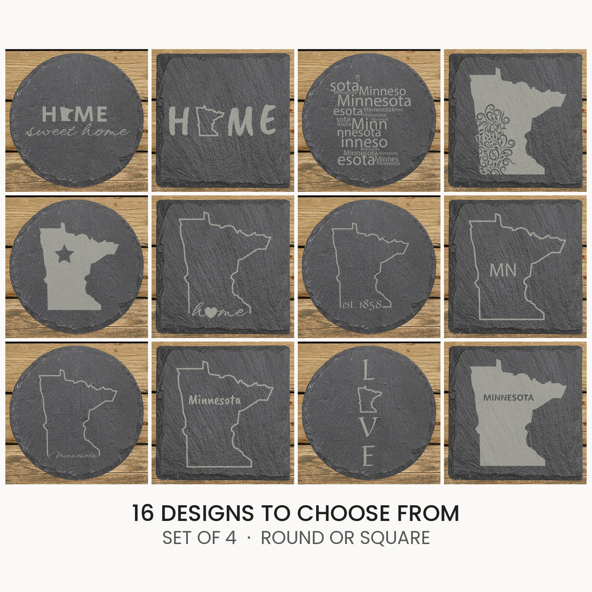 Minnesota slate coaster set, laser engraved natural stone