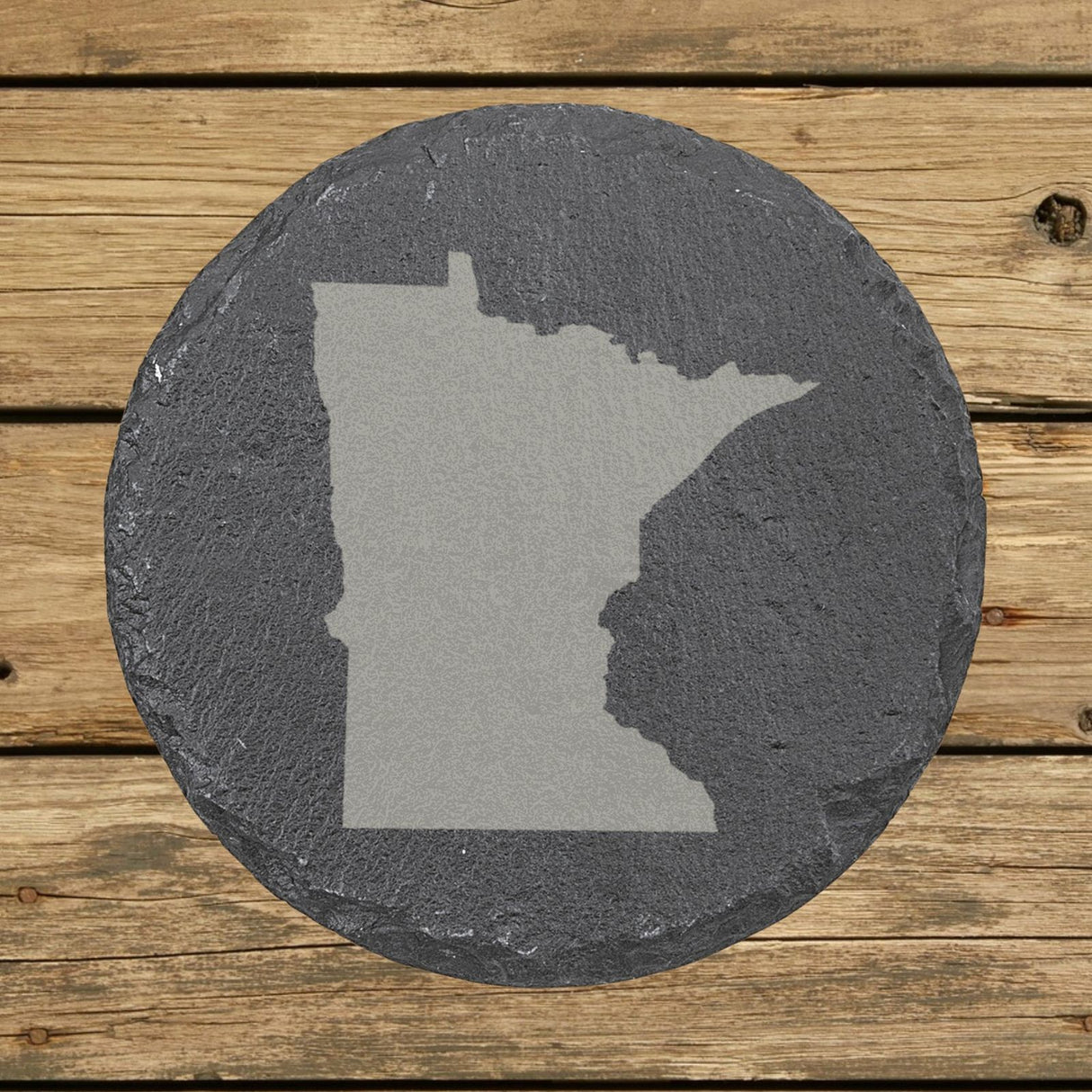 Minnesota round slate coaster with the full state shape engraved