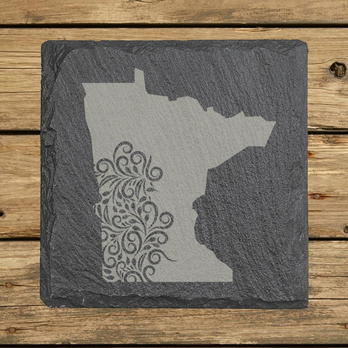Minnesota square slate coaster engraved with the state shape in ornate floral scrollwork