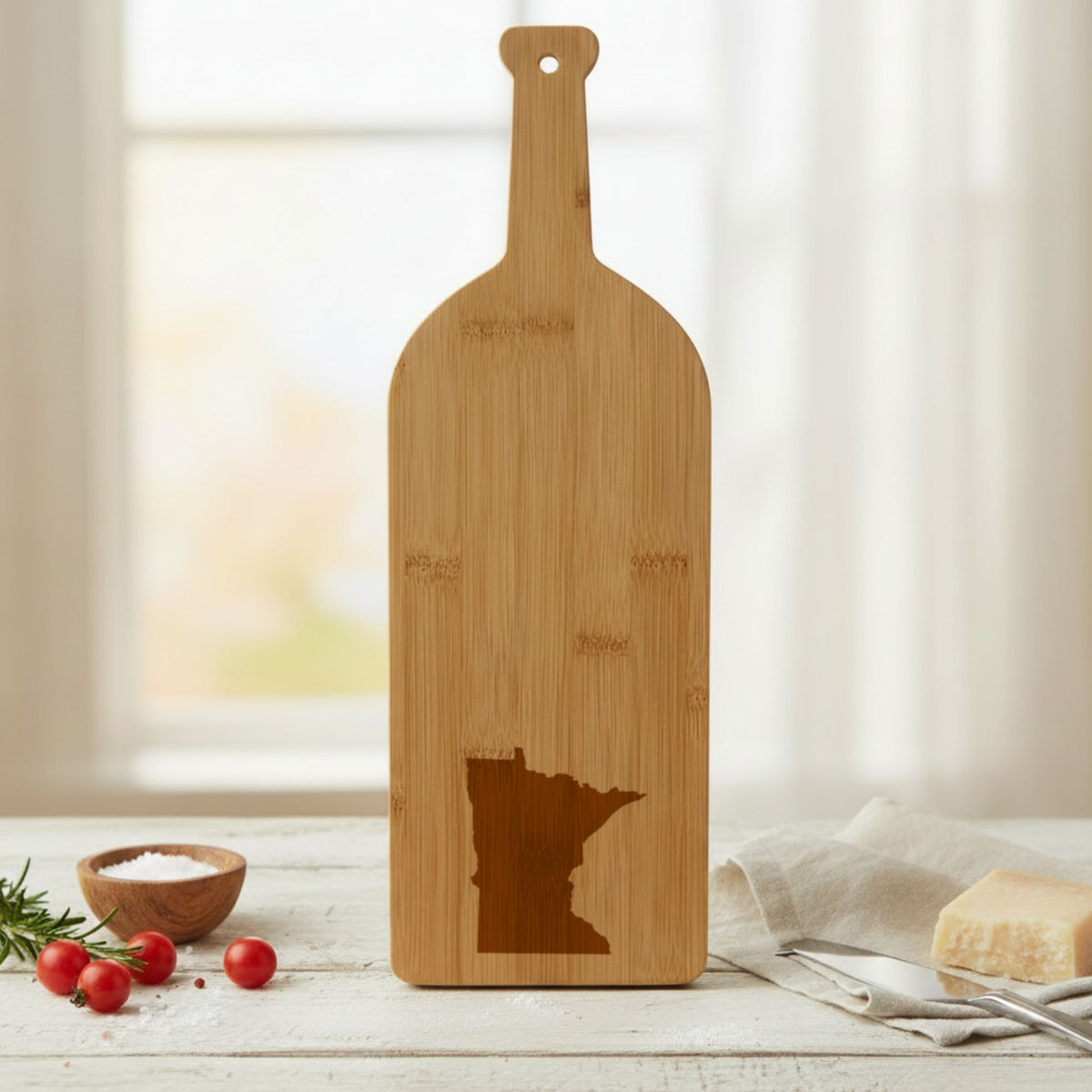 Bamboo wine bottle cutting board engraved with the Minnesota Engraved State design