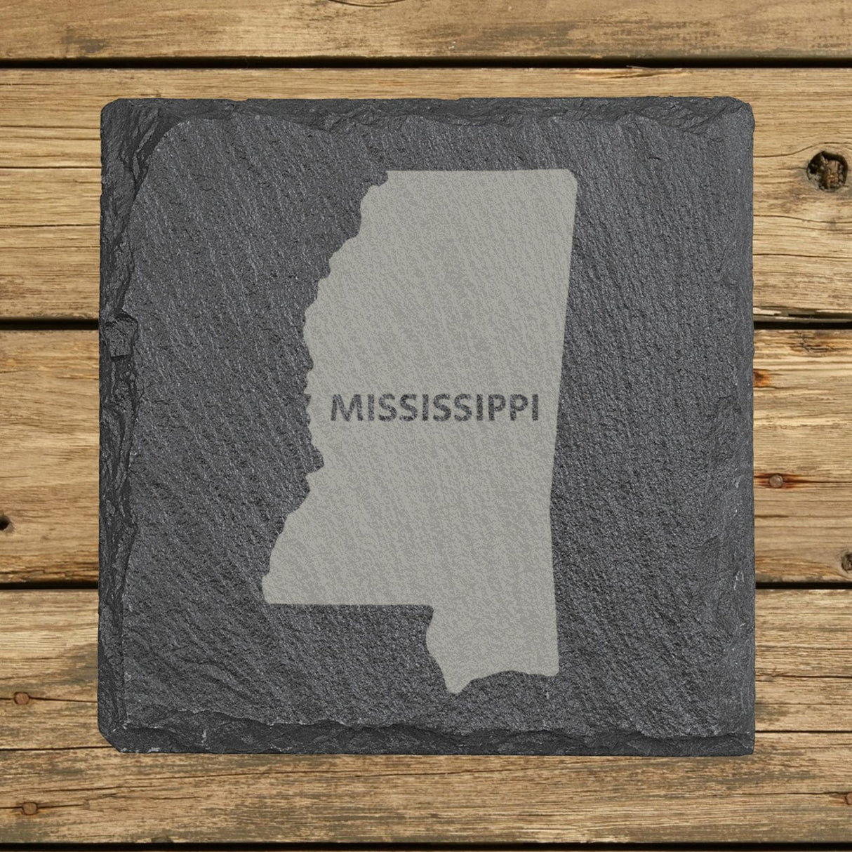 Mississippi square slate coaster engraved with the state shape and MISSISSIPPI in bold lettering