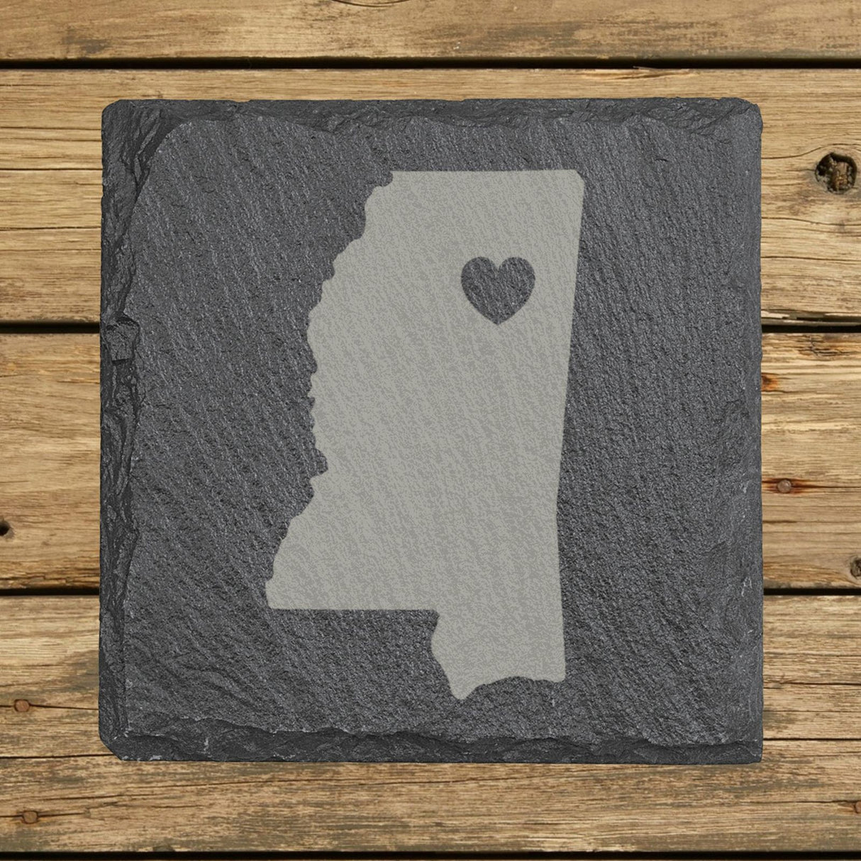 Mississippi square slate coaster engraved with the state shape and a heart