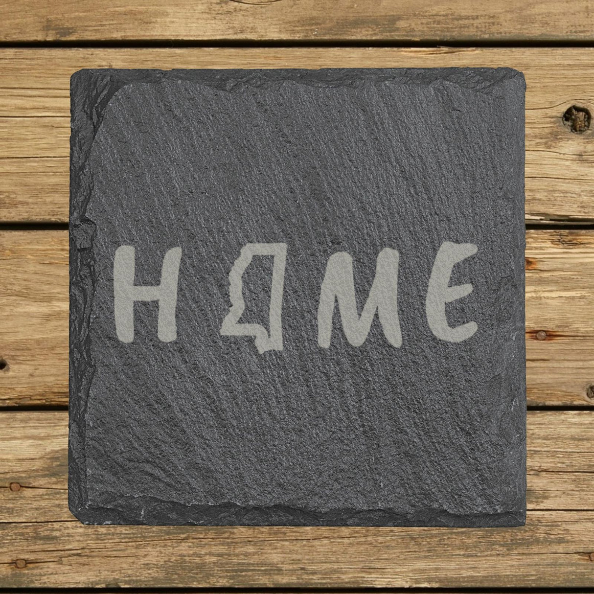 Mississippi square slate coaster engraved with HOME using the state outline as the letter O