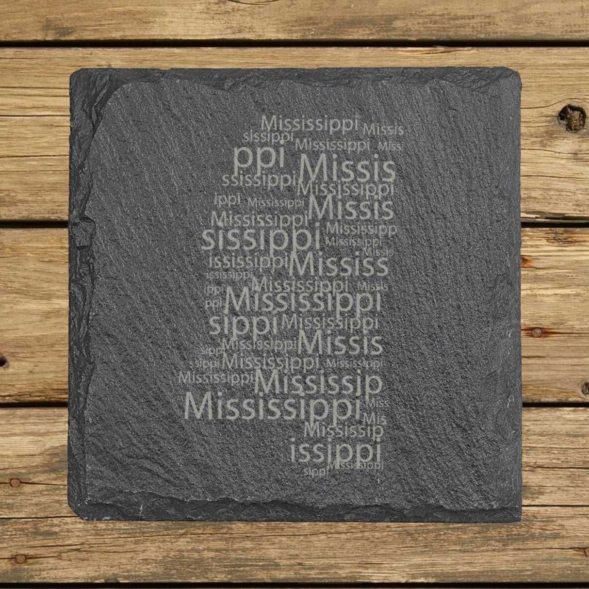 Mississippi square slate coaster engraved with a word cloud of repeating Mississippi text