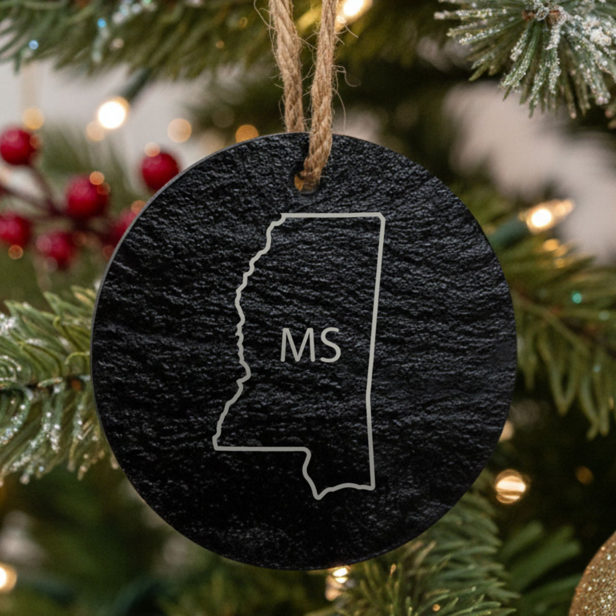 Mississippi round slate Christmas ornament engraved with the state outline and MS initials