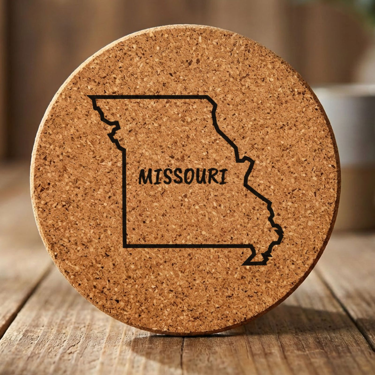 Missouri round cork coaster engraved with the state outline and MISSOURI in hand-drawn brush lettering
