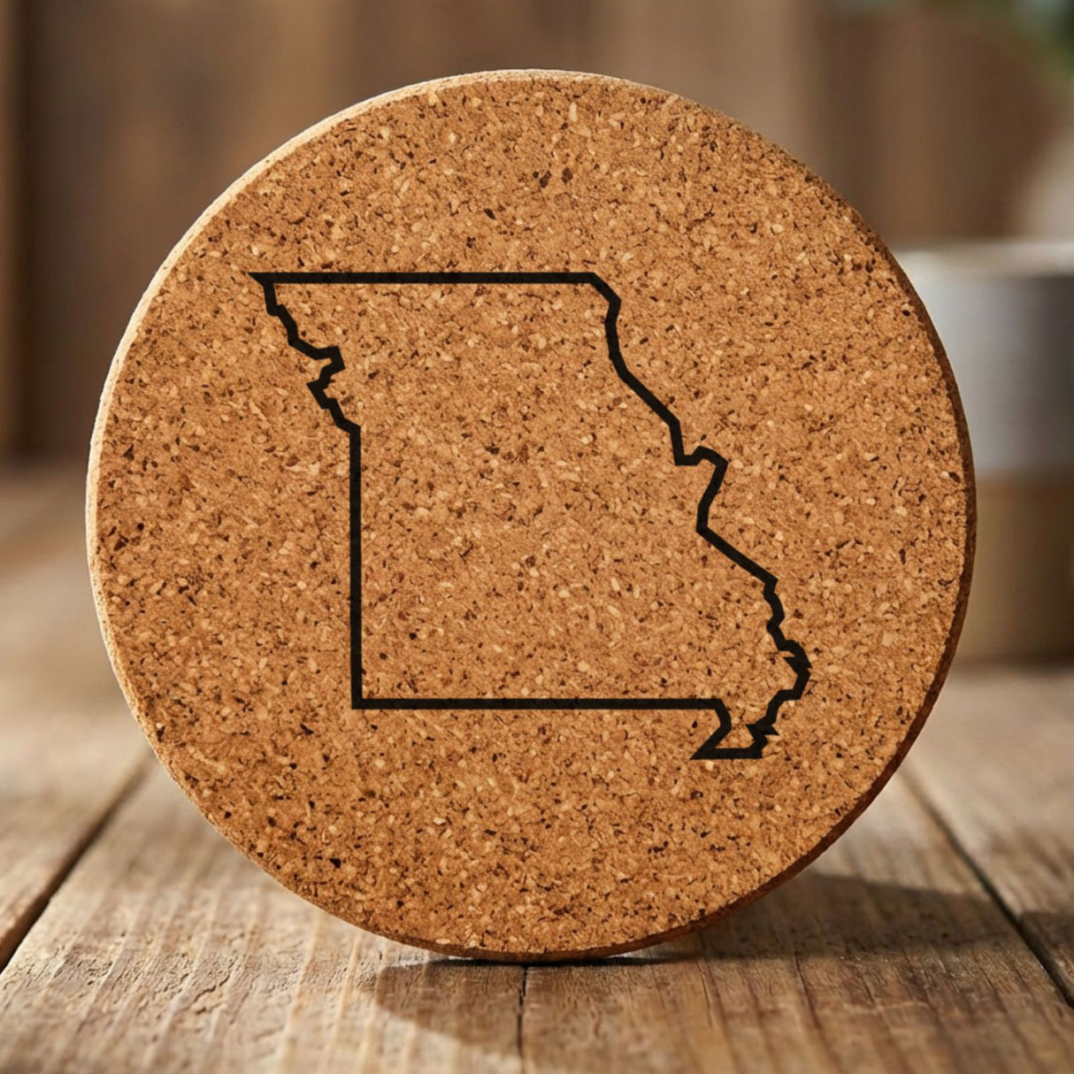 Missouri round cork coaster engraved with a clean state outline