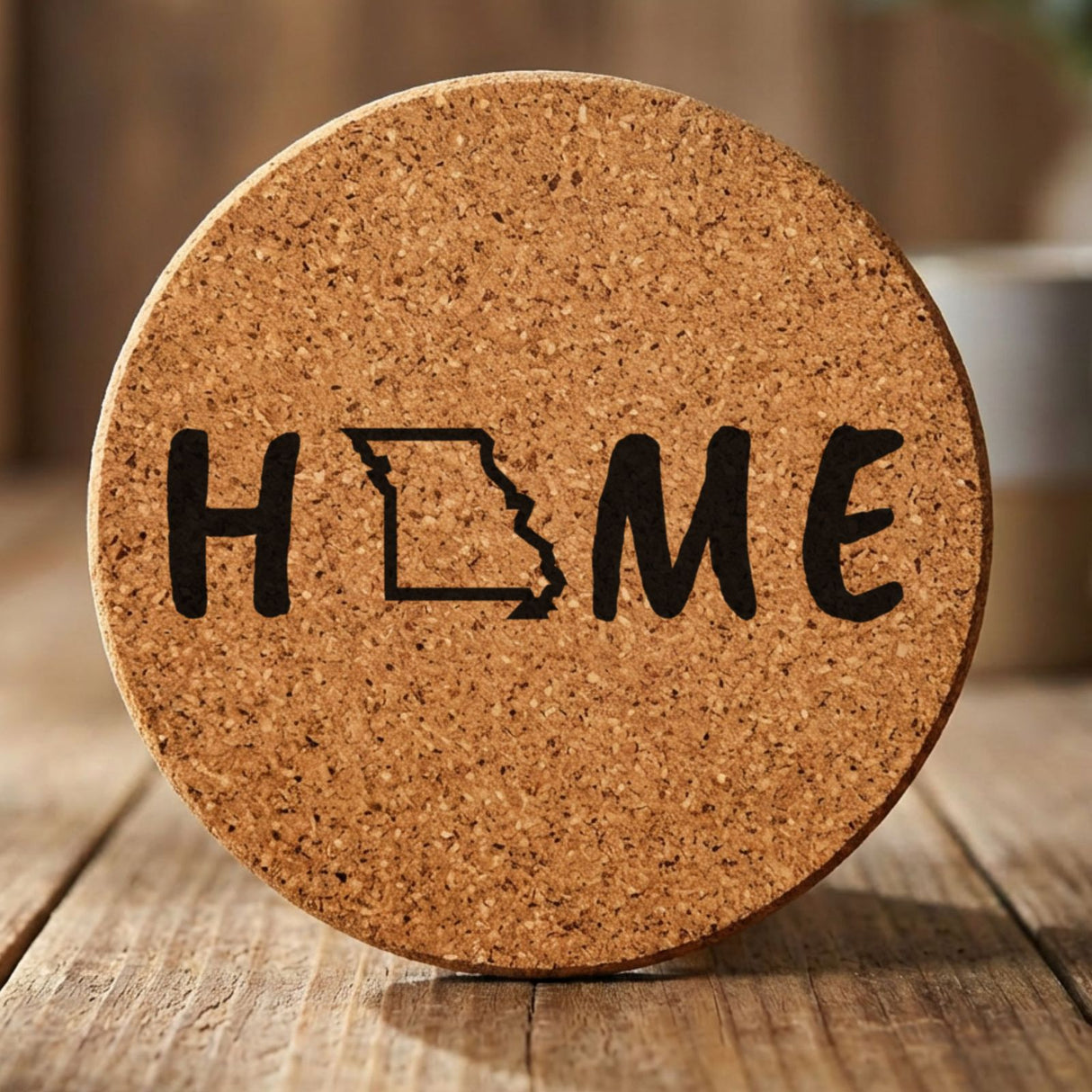 Missouri round cork coaster engraved with HOME using the state outline as the letter O