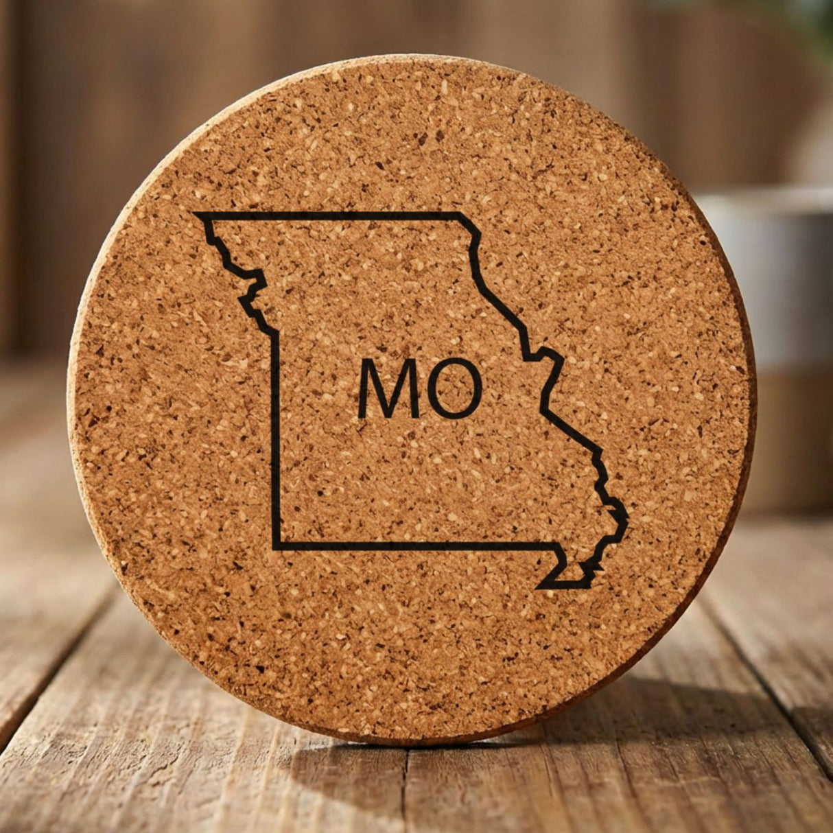 Missouri round cork coaster engraved with the state outline and MO initials