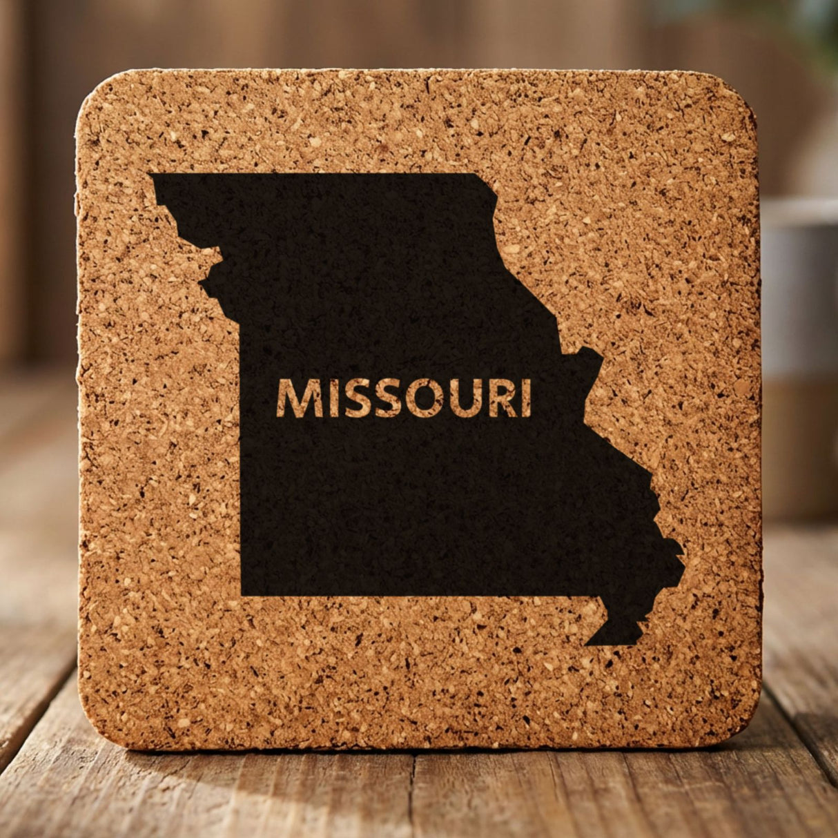 Missouri square cork coaster engraved with the state shape and MISSOURI in bold lettering