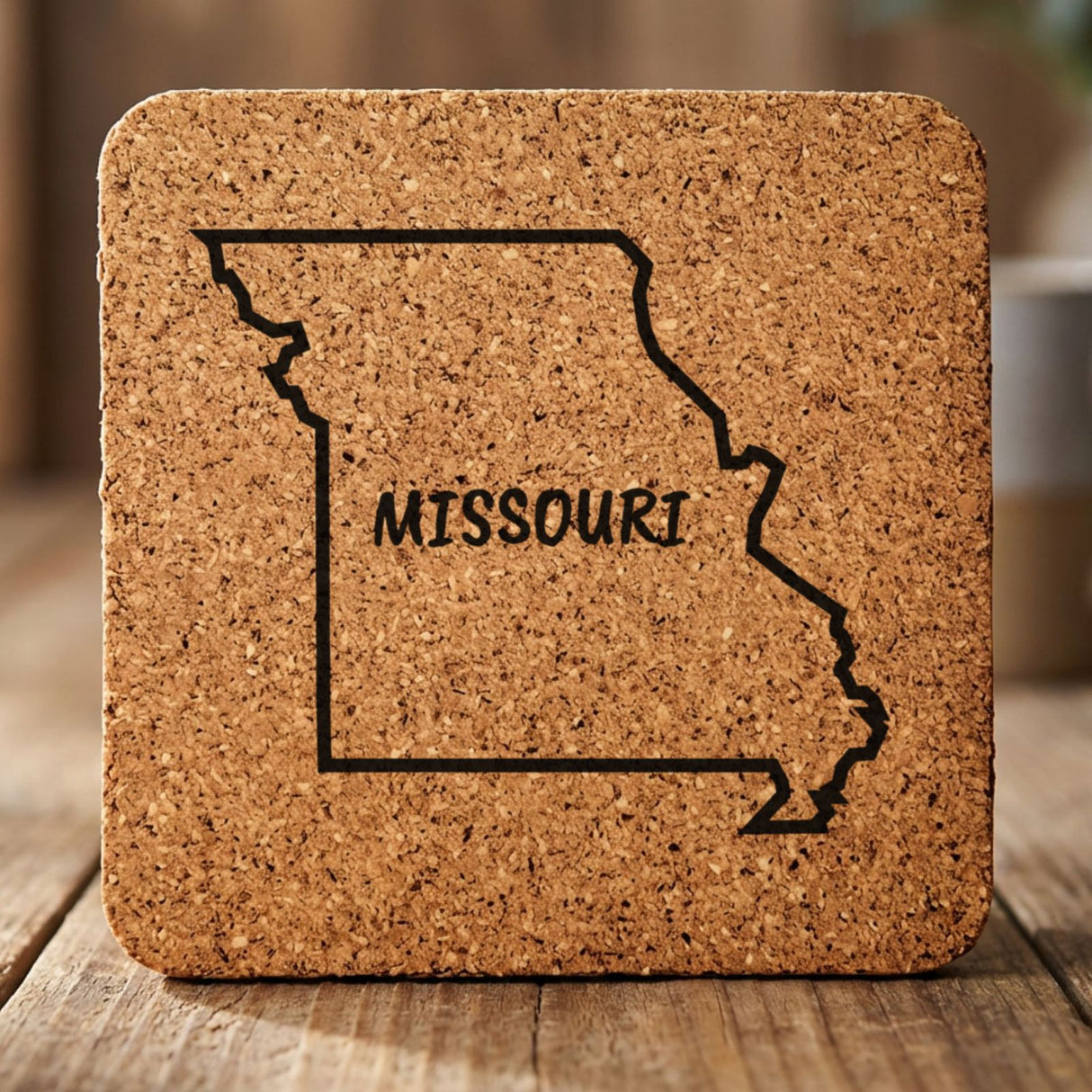 Missouri square cork coaster engraved with the state outline and MISSOURI in hand-drawn brush lettering