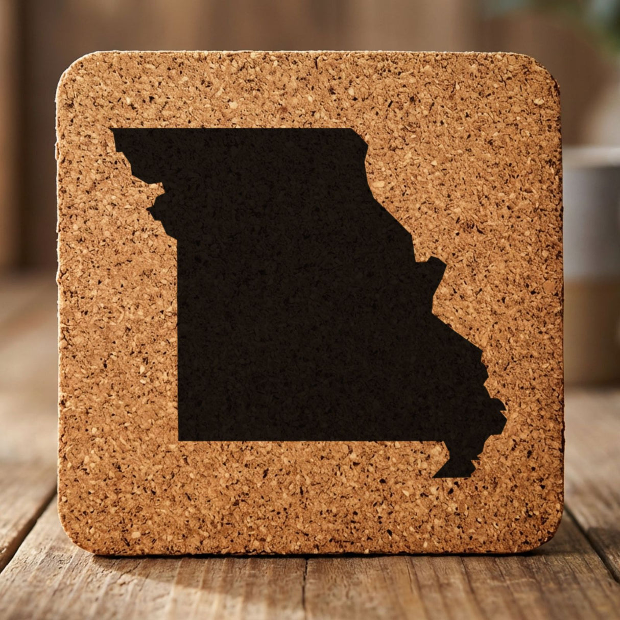 Missouri square cork coaster with the full state shape engraved