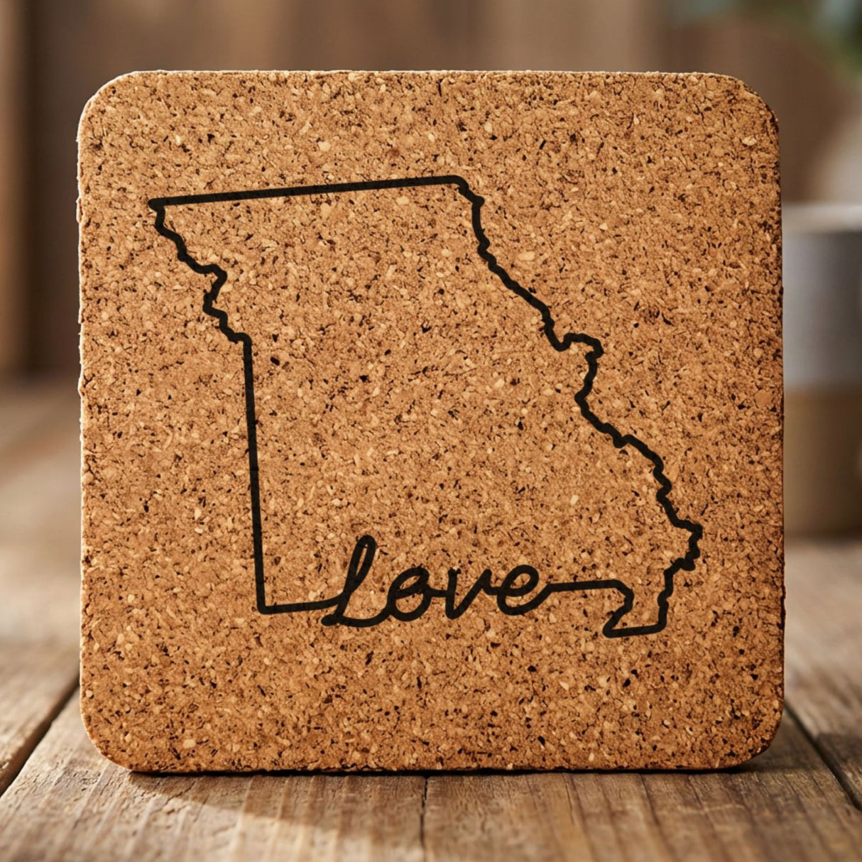 Missouri square cork coaster engraved with a hand-drawn state outline and love in cursive