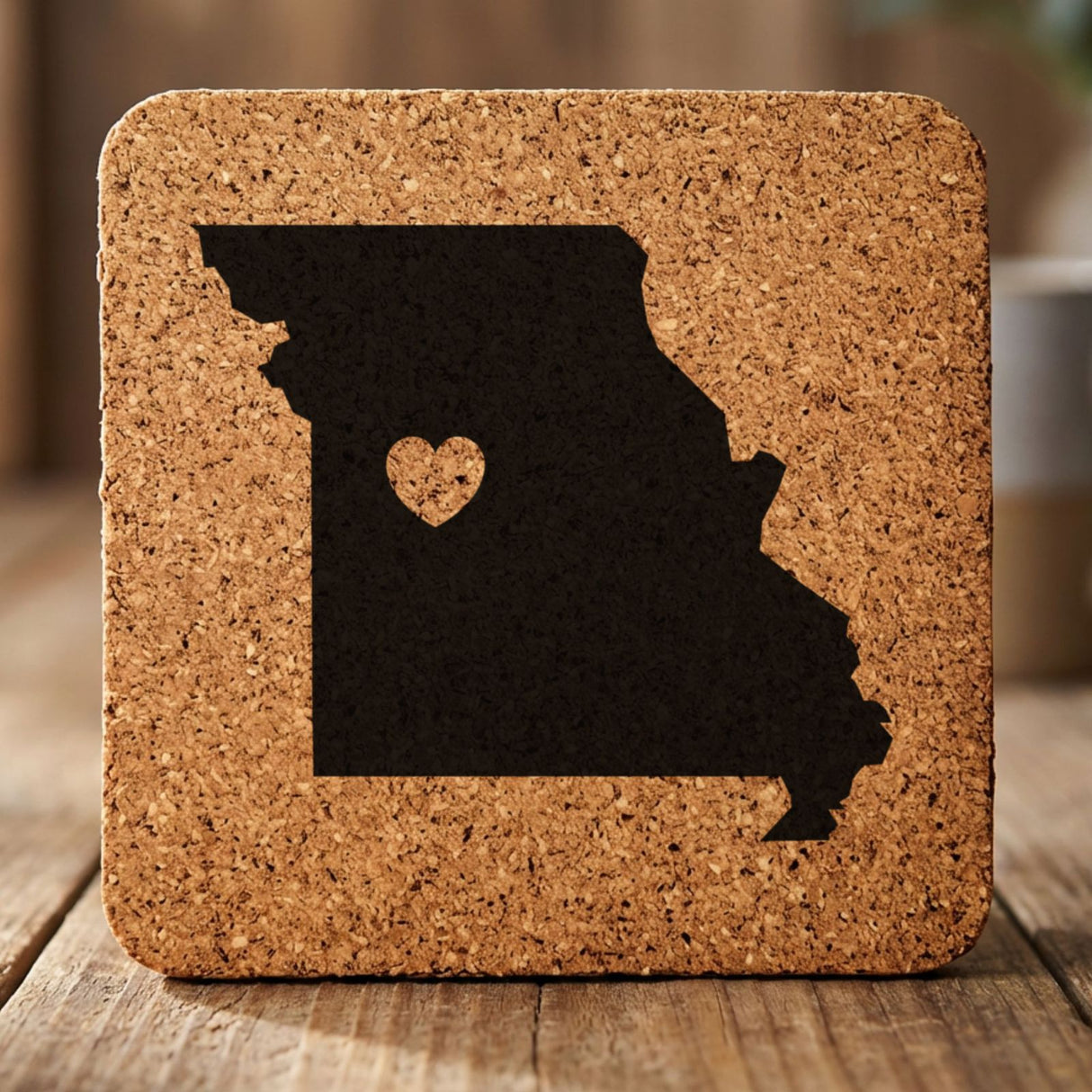 Missouri square cork coaster engraved with the state shape and a heart