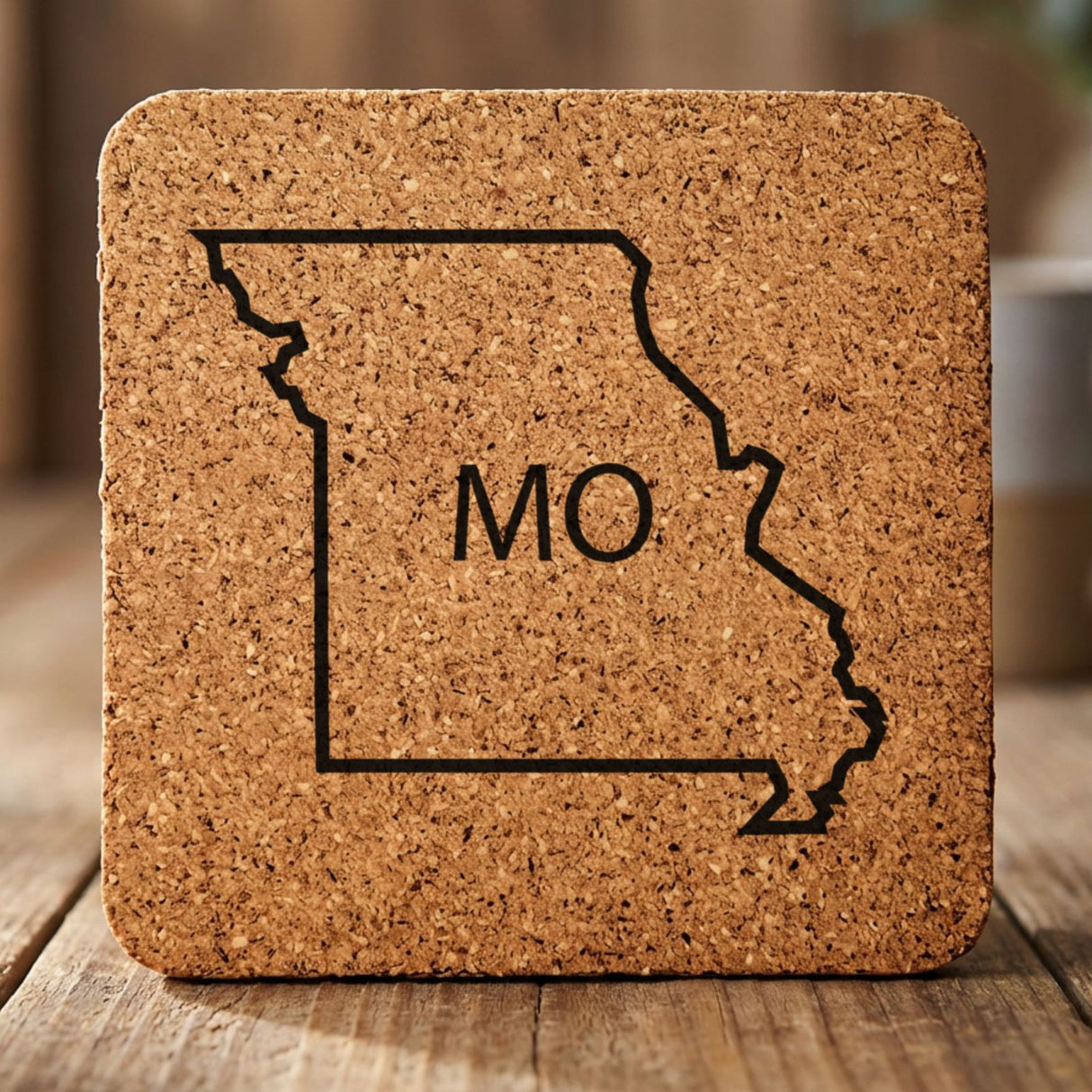Missouri square cork coaster engraved with the state outline and MO initials