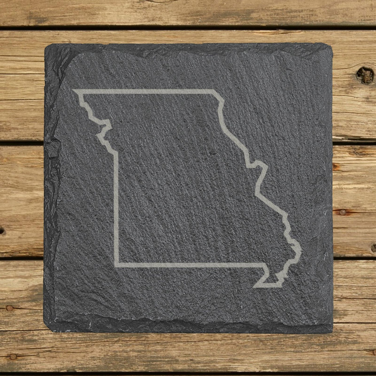 Missouri square slate coaster engraved with a clean state outline