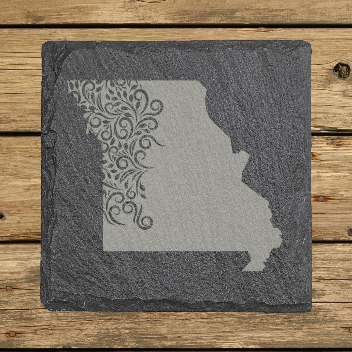 Missouri square slate coaster engraved with the state shape in ornate floral scrollwork
