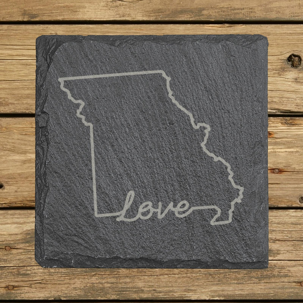 Missouri square slate coaster engraved with a hand-drawn state outline and love in cursive