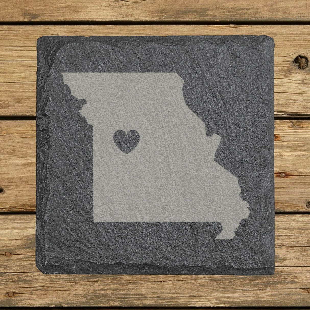Missouri square slate coaster engraved with the state shape and a heart