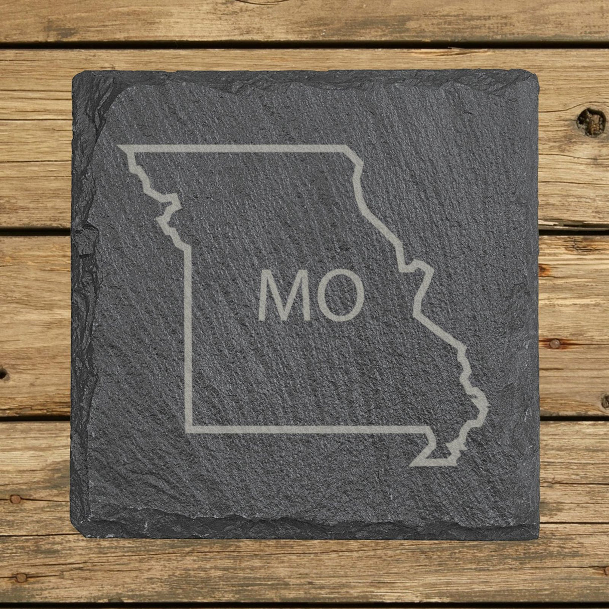 Missouri square slate coaster engraved with the state outline and MO initials