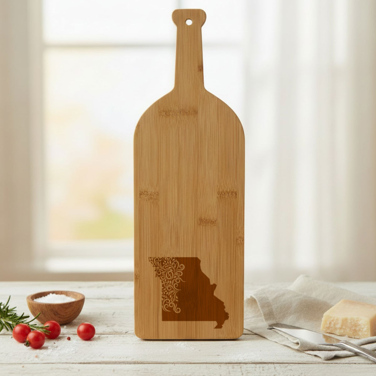 Bamboo wine bottle cutting board engraved with the Missouri Floral Damask design