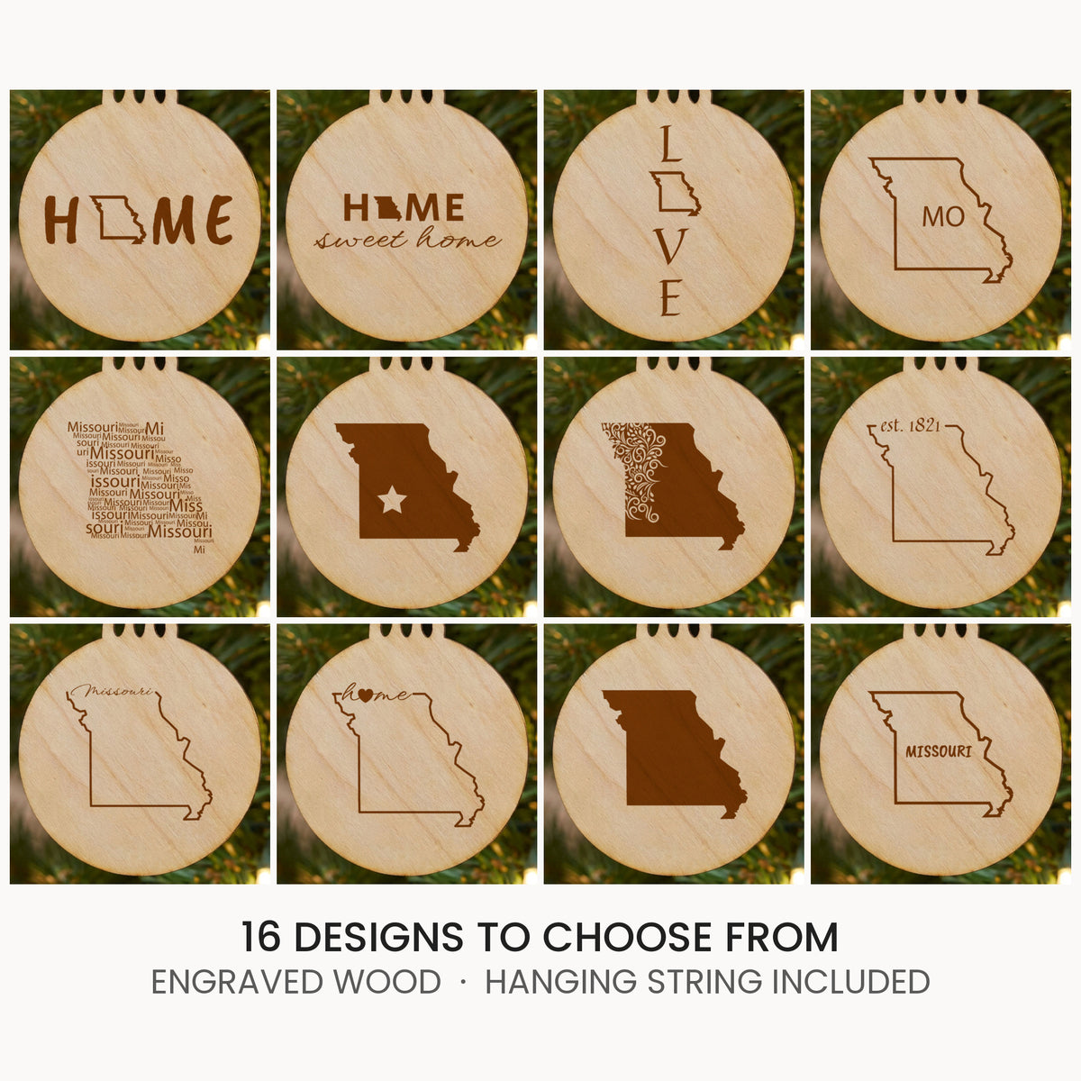 Missouri wood Christmas ornament, laser engraved natural wood