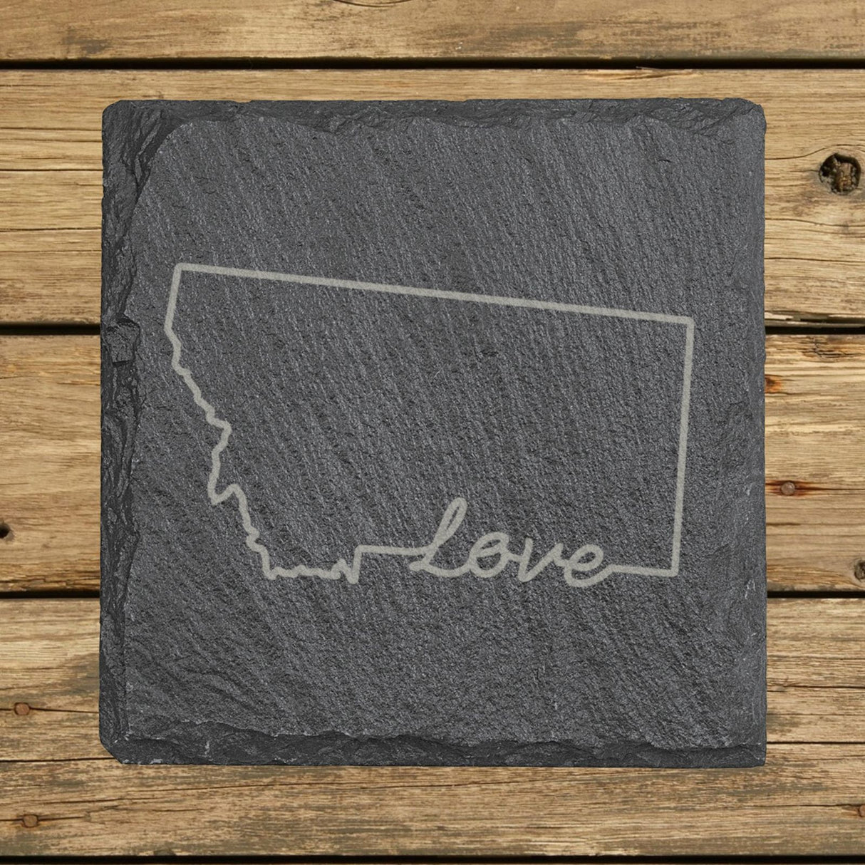 Montana square slate coaster engraved with a hand-drawn state outline and love in cursive