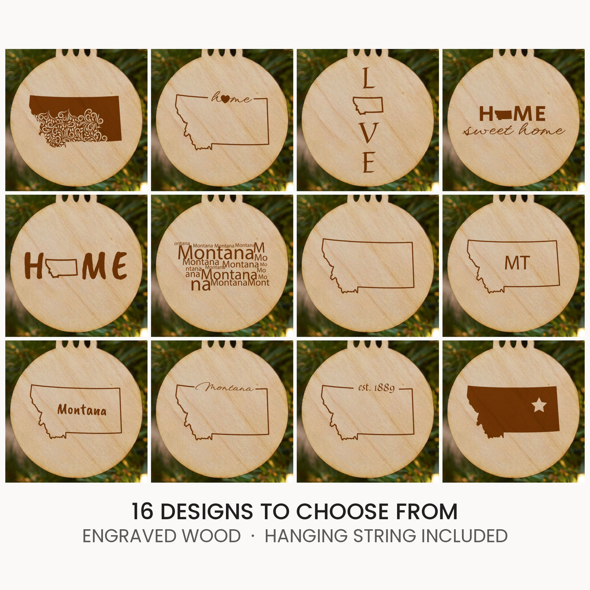 Montana wood Christmas ornament, laser engraved natural wood