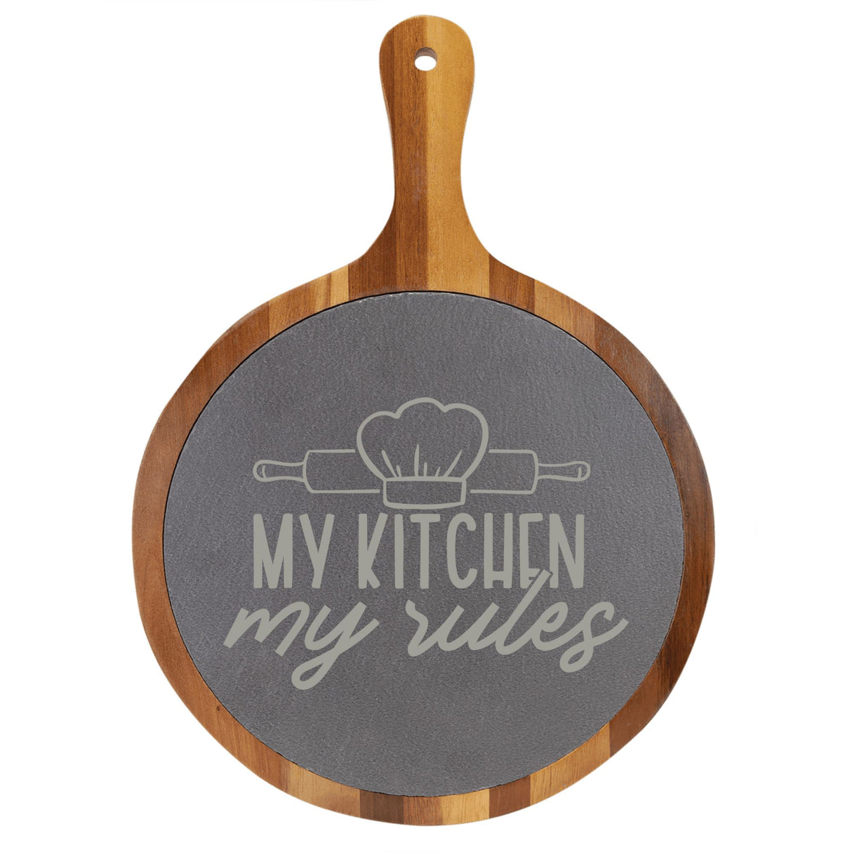 "My Kitchen, My Rules" Round Acacia Wood/Slate Cutting Board - Laser Engraved