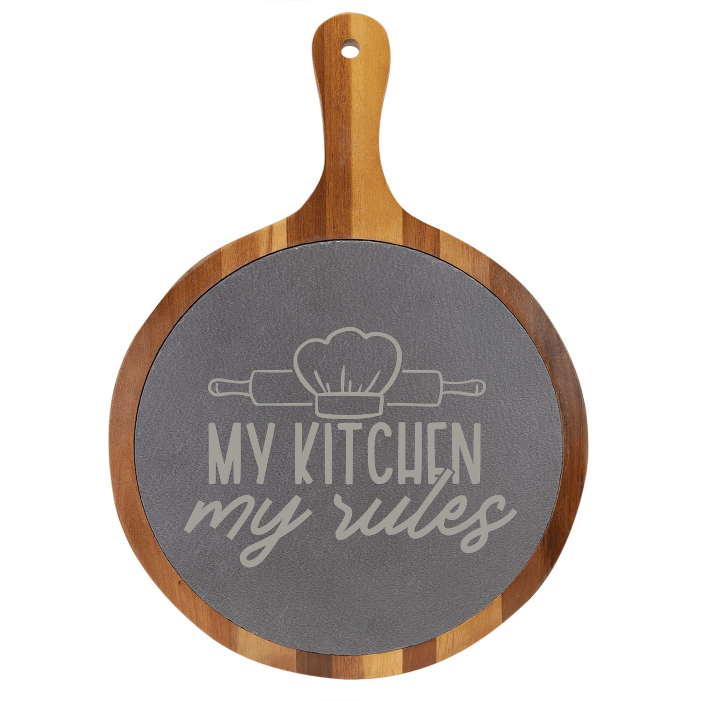 "My Kitchen, My Rules" Round Acacia Wood/Slate Cutting Board - Laser Engraved