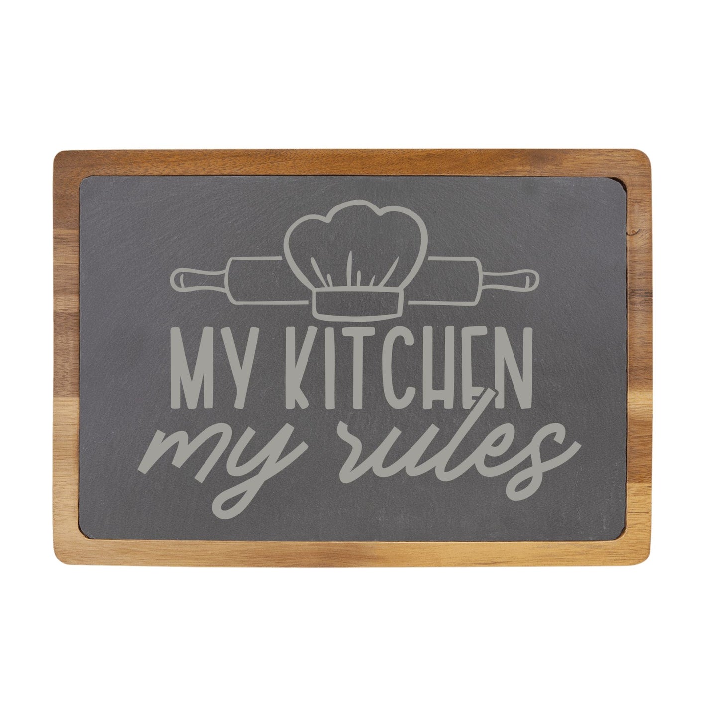 My Kitchen, My Rules Engraved Acacia Wood & Slate Cutting Board