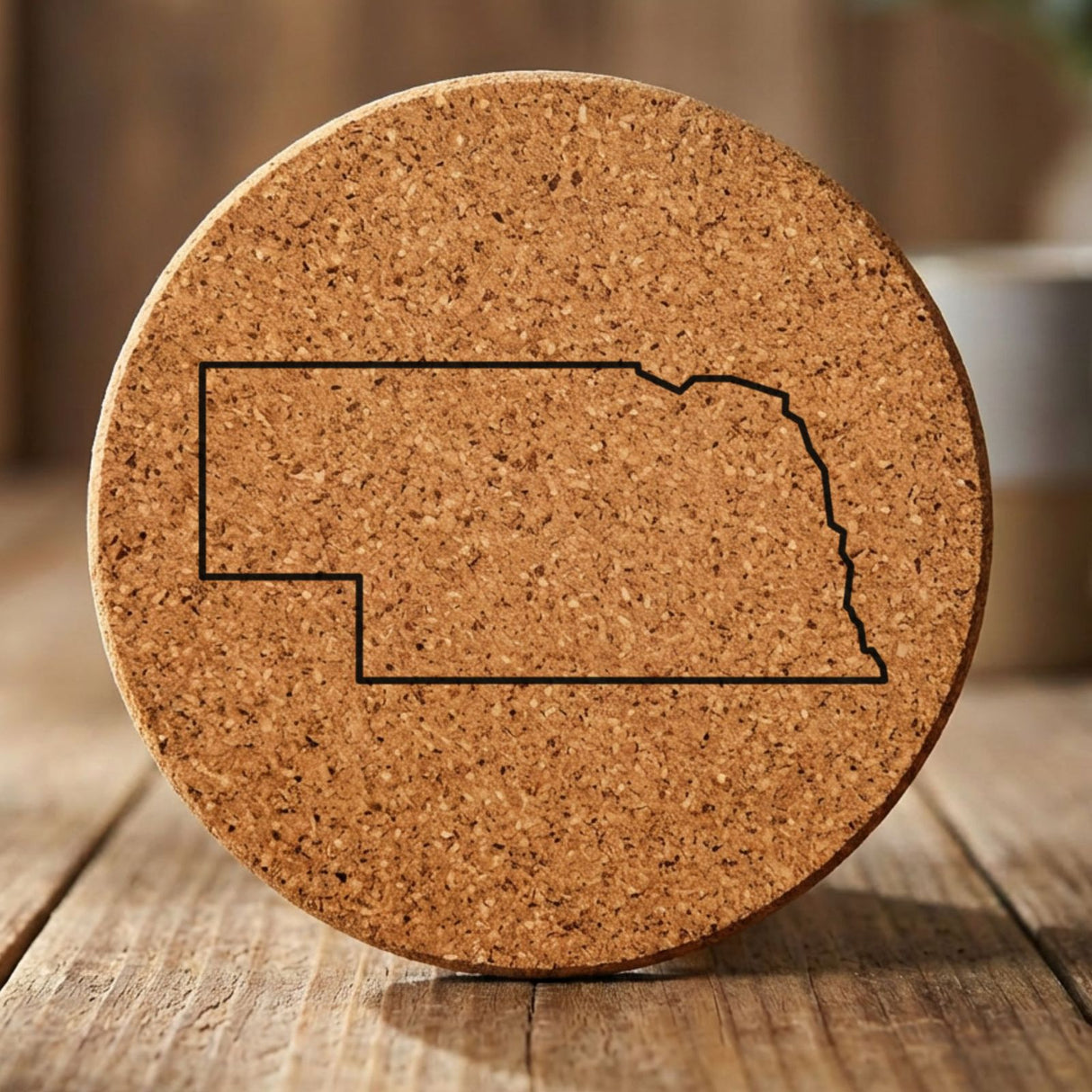 Nebraska round cork coaster engraved with a clean state outline
