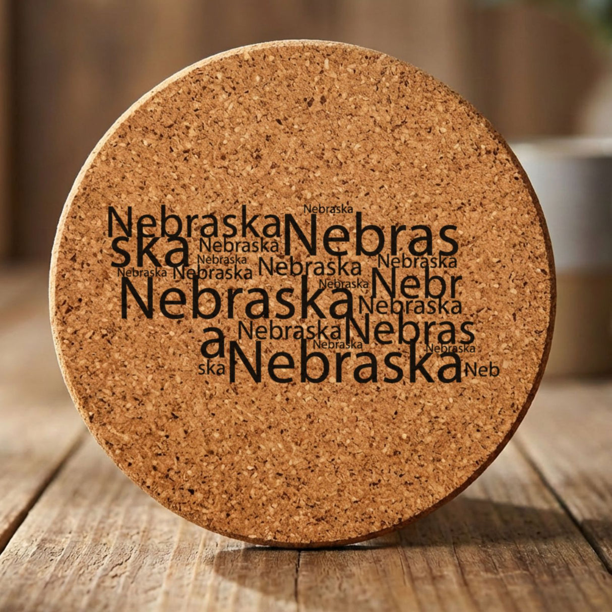 Nebraska round cork coaster engraved with a word cloud of repeating Nebraska text
