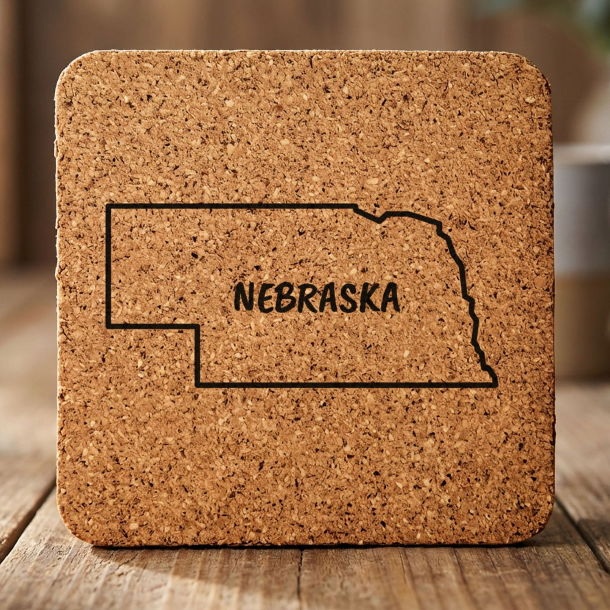 Nebraska square cork coaster engraved with the state outline and NEBRASKA in hand-drawn brush lettering