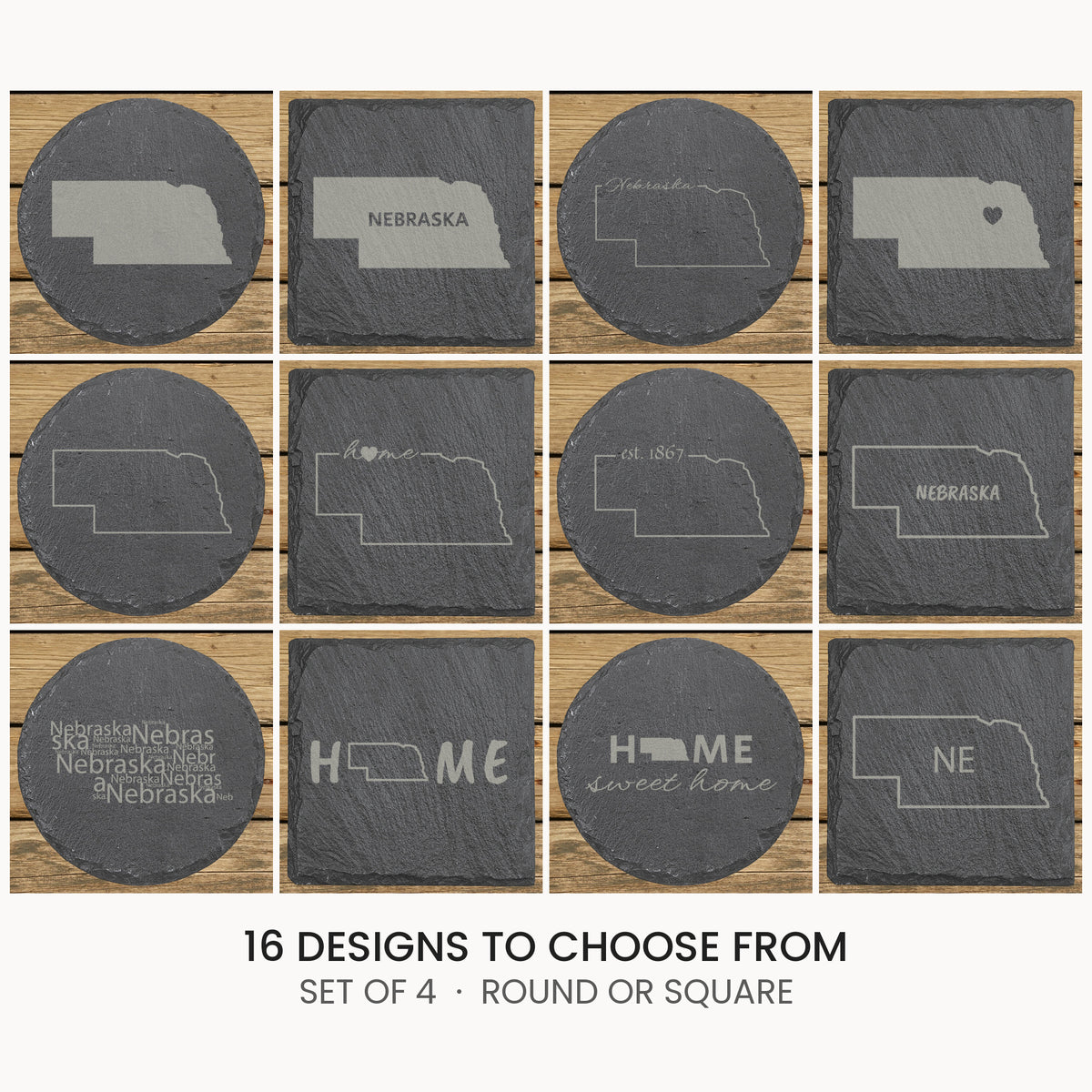 Nebraska slate coaster set, laser engraved natural stone