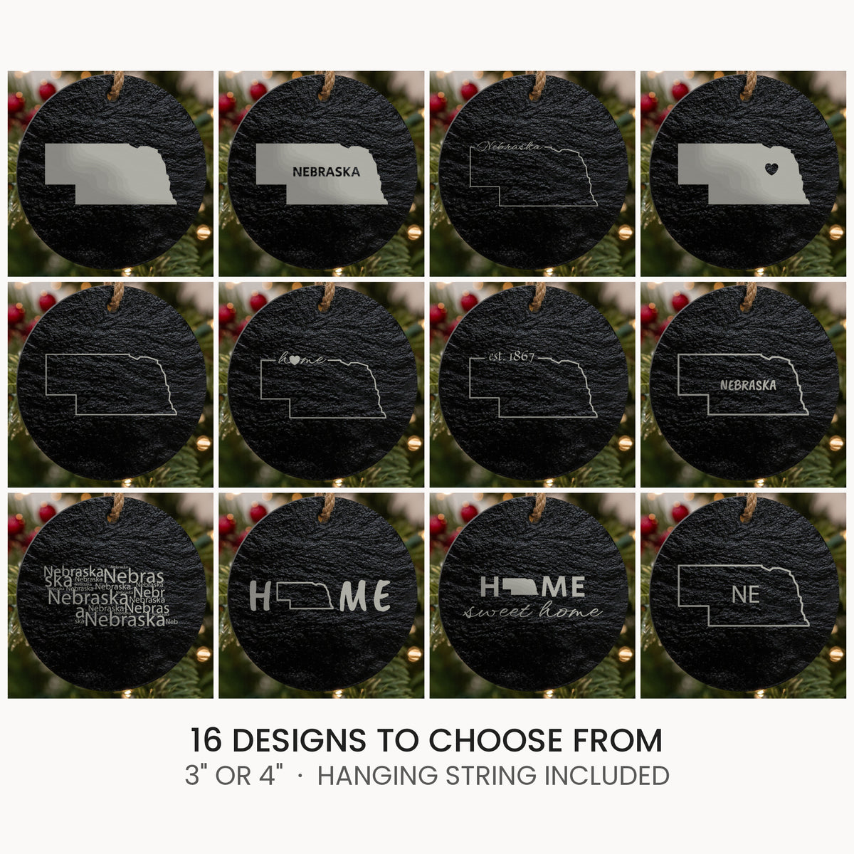 Nebraska slate Christmas ornament, laser engraved natural stone