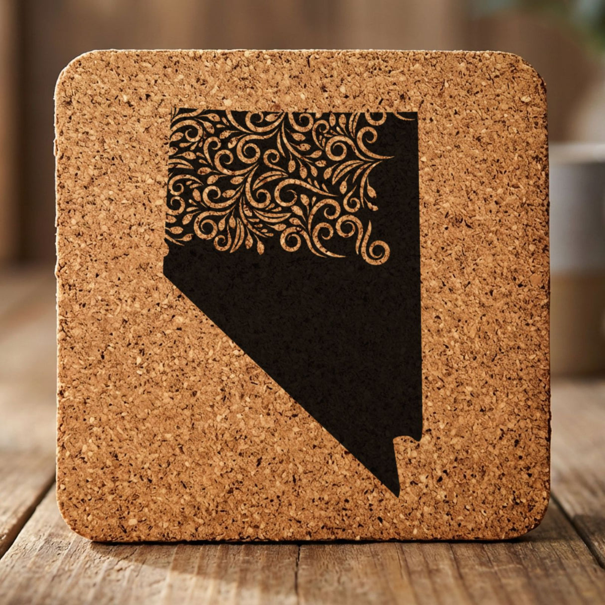 Nevada square cork coaster engraved with the state shape in ornate floral scrollwork