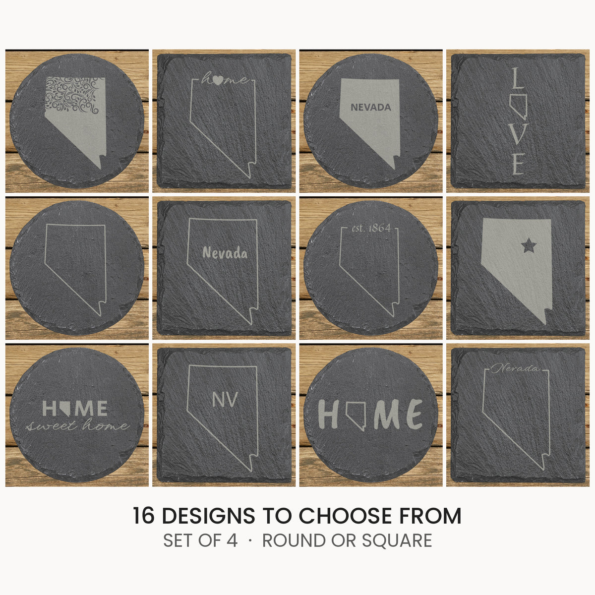 Nevada slate coaster set, laser engraved natural stone