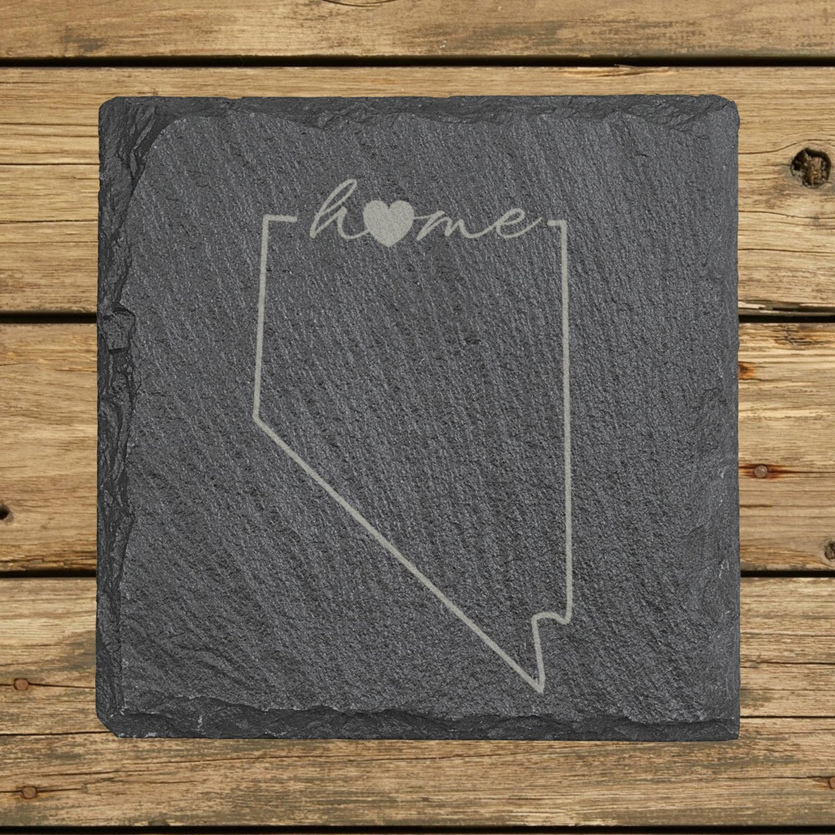 Nevada square slate coaster engraved with the state outline and home in script with a heart