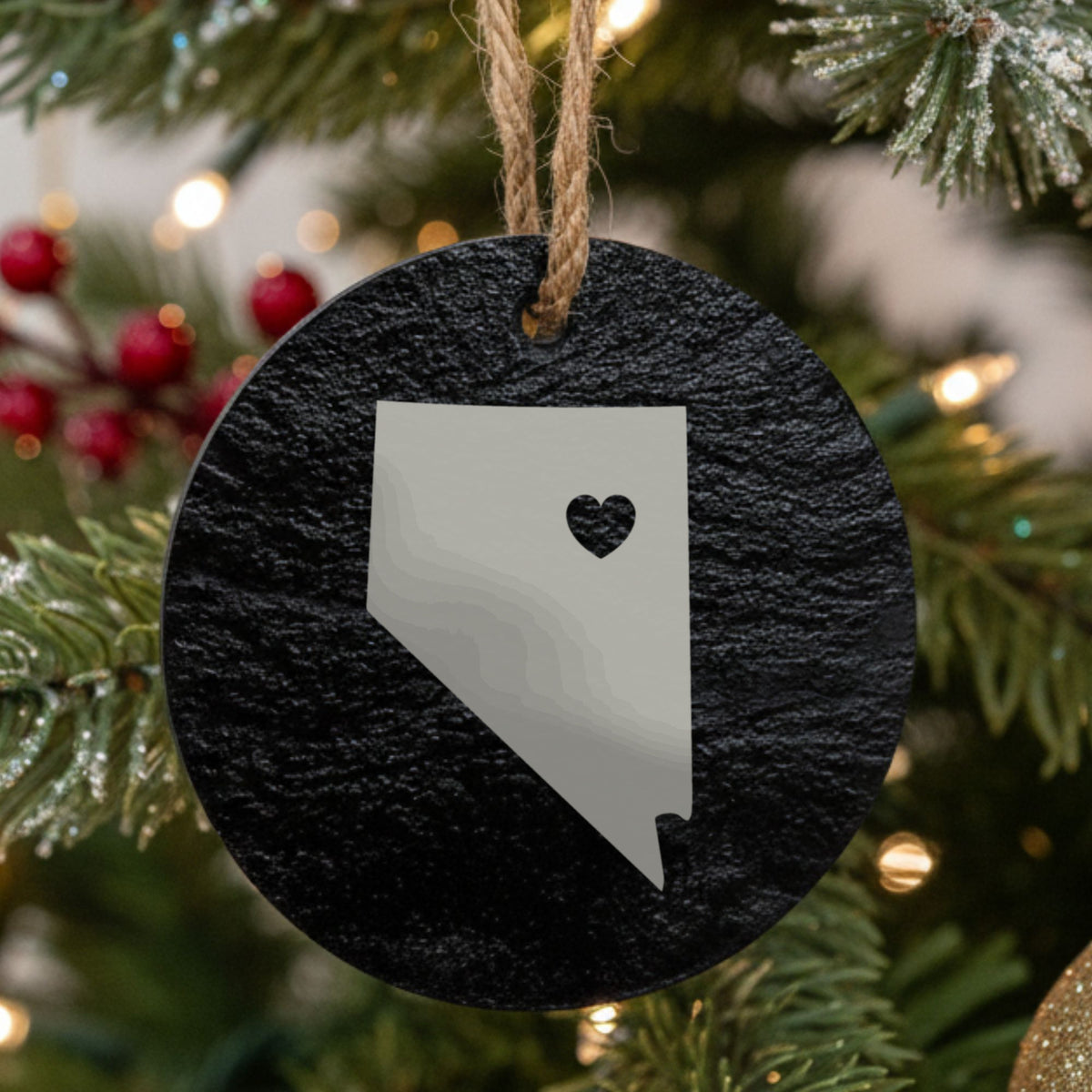Nevada round slate Christmas ornament engraved with the state shape and a heart