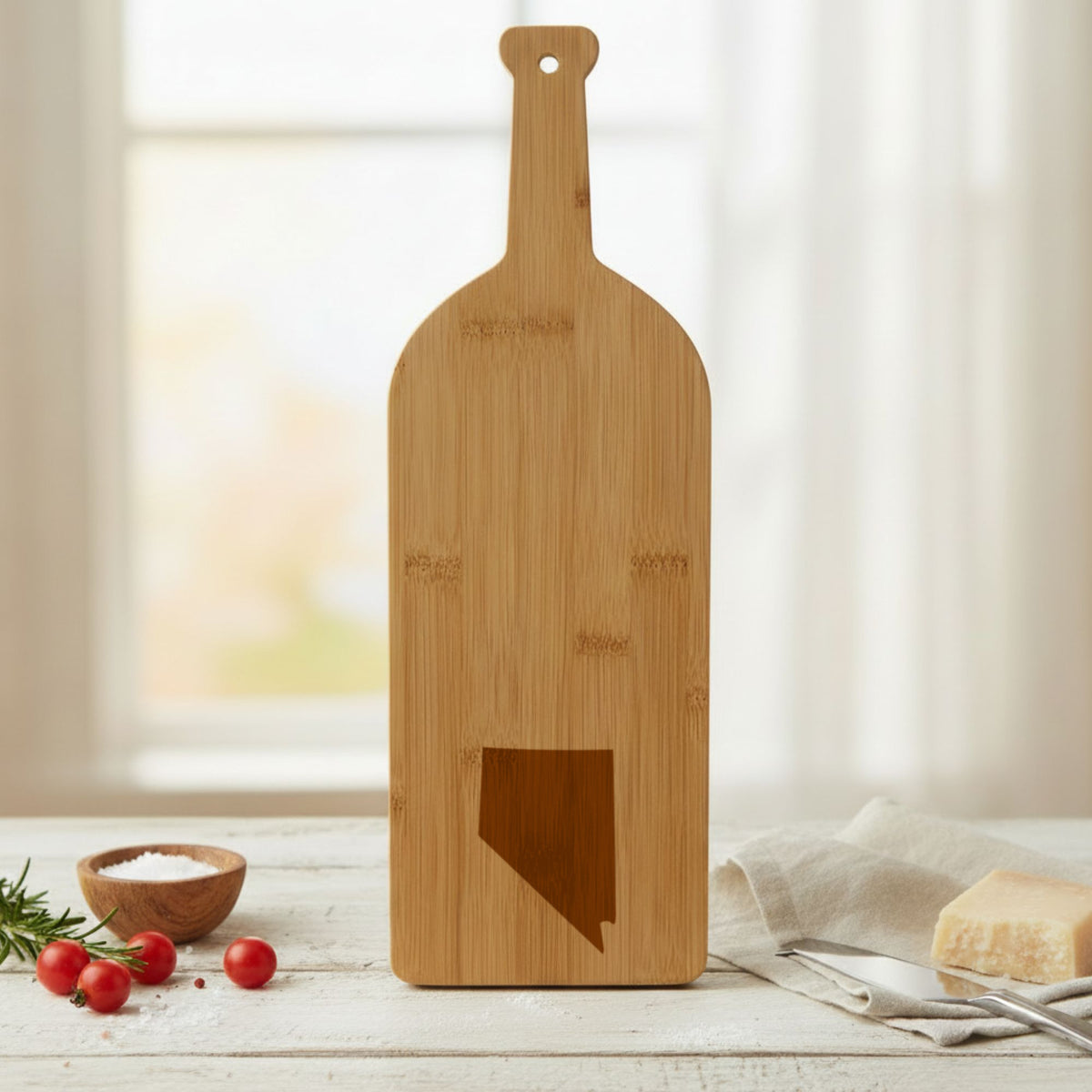 Bamboo wine bottle cutting board engraved with the Nevada Engraved State design