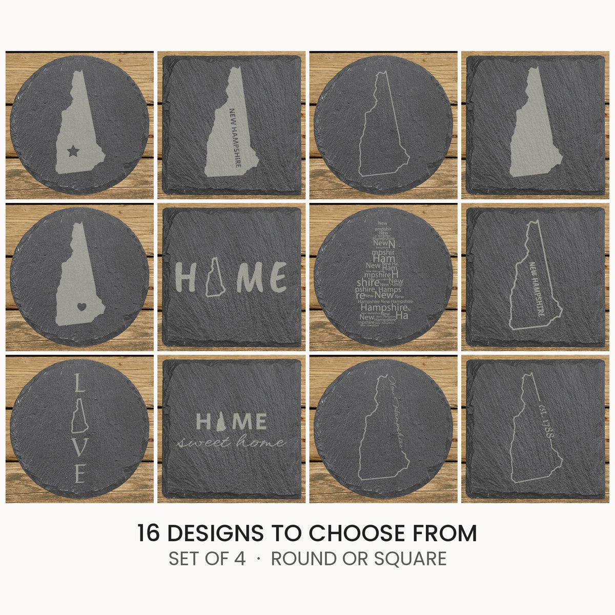 New Hampshire slate coaster set, laser engraved natural stone