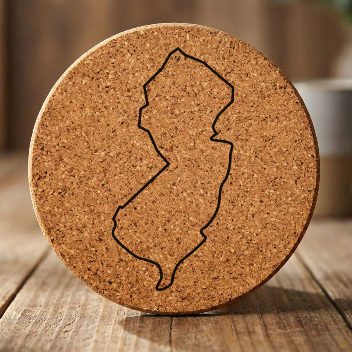 New Jersey round cork coaster engraved with a clean state outline