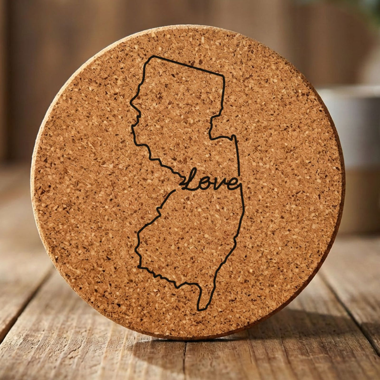 New Jersey round cork coaster engraved with a hand-drawn state outline and love in cursive
